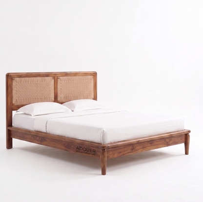 ADOUER WOOD Handcrafted Solid Wood & Woven Rattan Platform Bed Frame