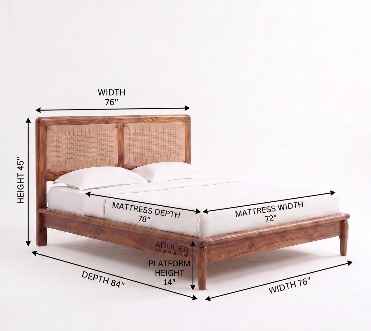 ADOUER WOOD Handcrafted Solid Wood & Woven Rattan Platform Bed Frame