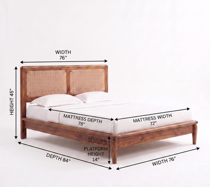 ADOUER WOOD Handcrafted Solid Wood & Woven Rattan Platform Bed Frame