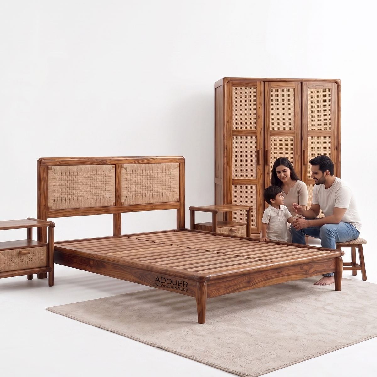 ADOUER WOOD Handcrafted Solid Wood & Woven Rattan Platform Bed Frame