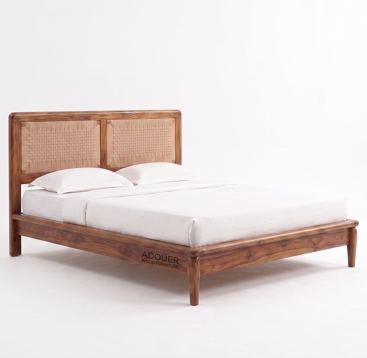 ADOUER WOOD Handcrafted Solid Wood & Woven Rattan Platform Bed Frame