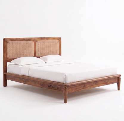 ADOUER WOOD Handcrafted Solid Wood & Woven Rattan Platform Bed Frame