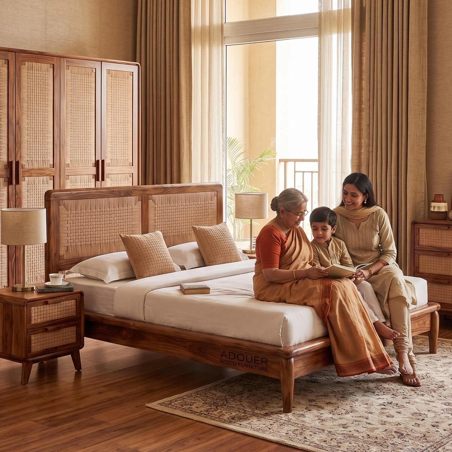 ADOUER WOOD Handcrafted Solid Wood & Woven Rattan Platform Bed Frame
