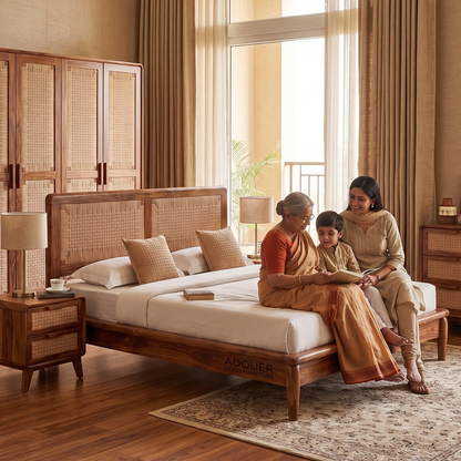 ADOUER WOOD Handcrafted Solid Wood & Woven Rattan Platform Bed Frame