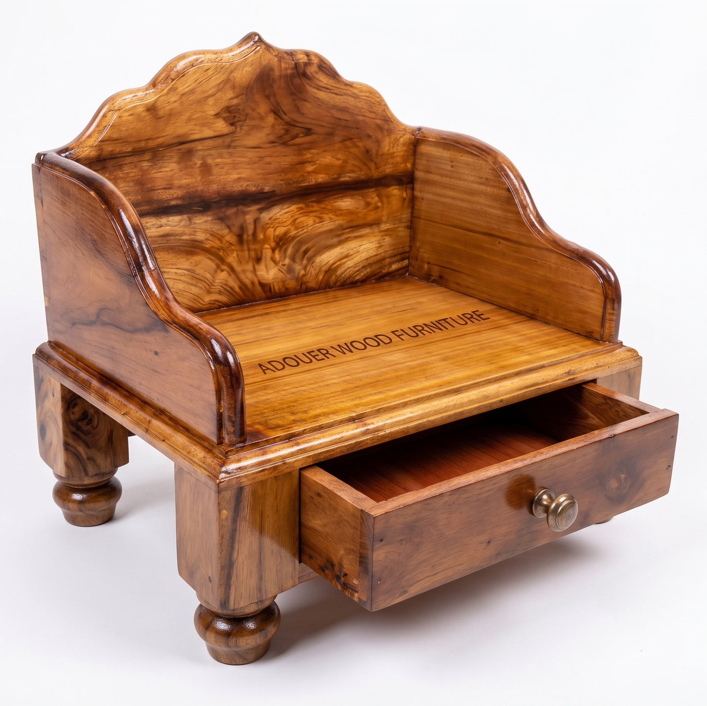 Handcrafted Solid Wood Pooja Chowki with Storage Drawer & Crown Backrest