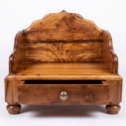 Handcrafted Solid Wood Pooja Chowki with Storage Drawer & Crown Backrest