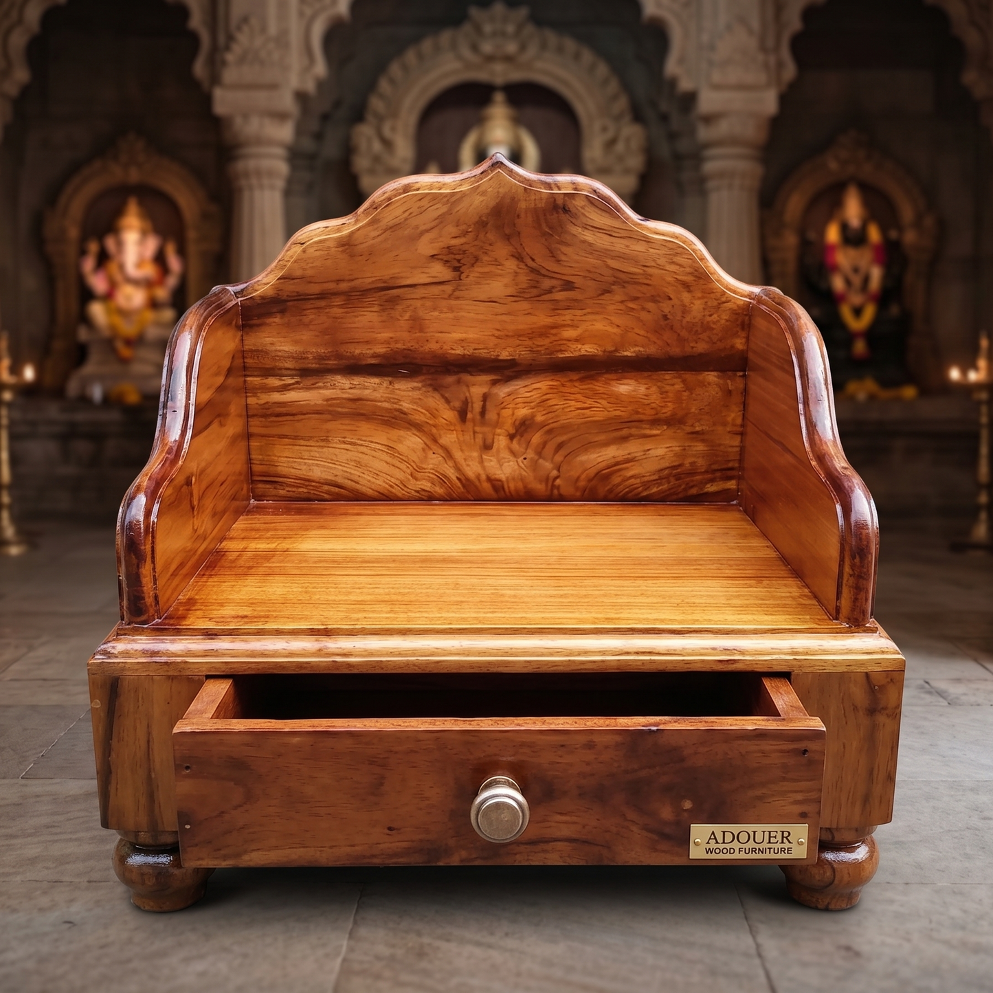 Handcrafted Solid Wood Pooja Chowki with Storage Drawer & Crown Backrest