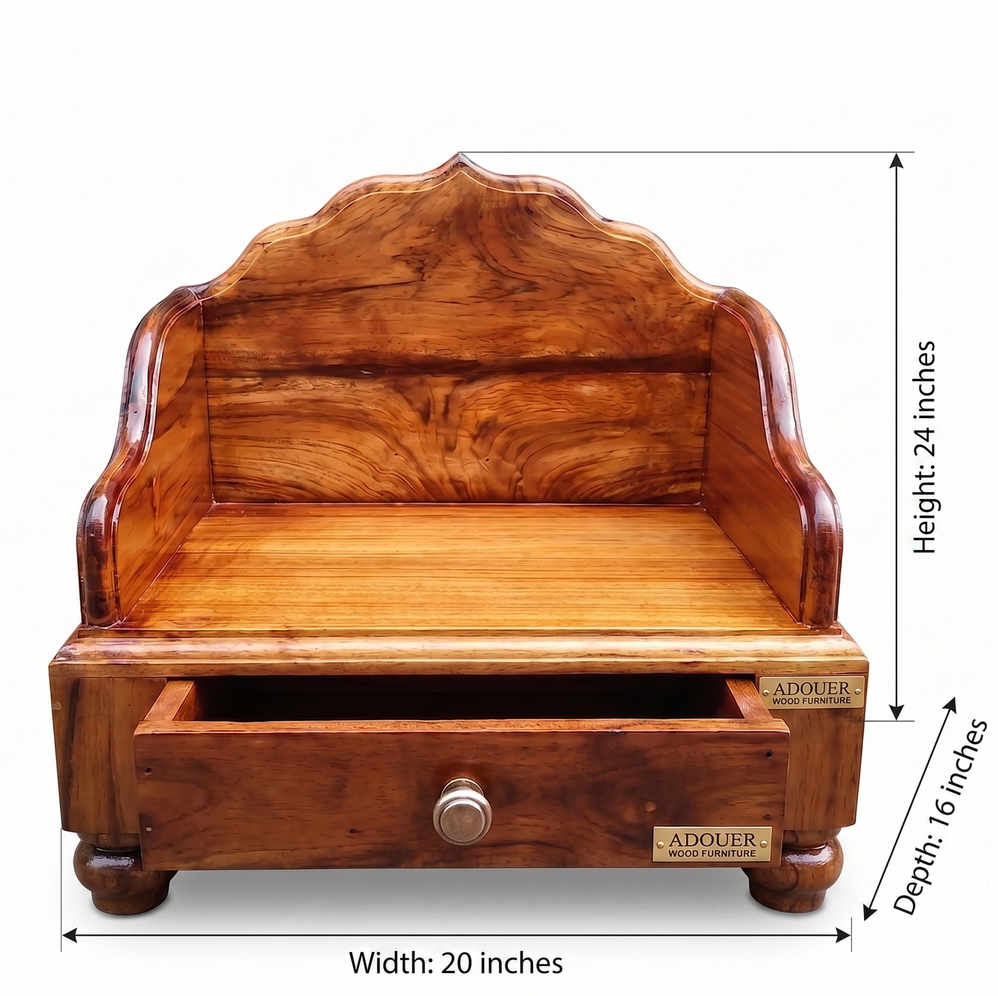 Handcrafted Solid Wood Pooja Chowki with Storage Drawer & Crown Backrest