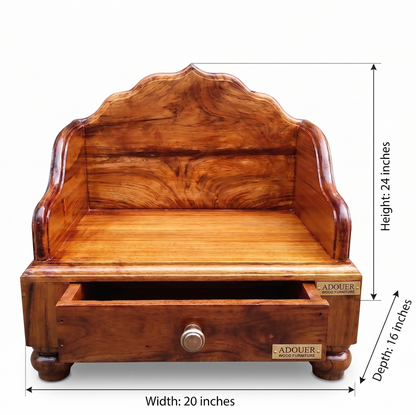 Handcrafted Solid Wood Pooja Chowki with Storage Drawer & Crown Backrest