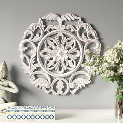 ADOUER WOOD Sheesham Wood White Distressed Hand Made Carved Wall Art for Home & Office