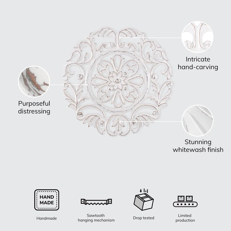 ADOUER WOOD Sheesham Wood White Distressed Hand Made Carved Wall Art for Home & Office