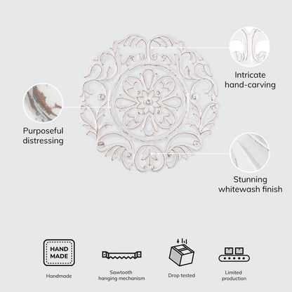 ADOUER WOOD Sheesham Wood White Distressed Hand Made Carved Wall Art for Home & Office