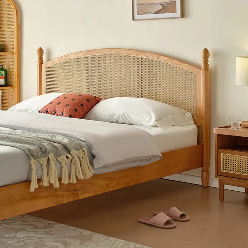 ADOUER WOOD Solid Acacia Wood Mid-Century Classic Rattan Cane Bed (Natural)