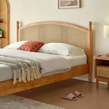 ADOUER WOOD Solid Acacia Wood Mid-Century Classic Rattan Cane Bed (Natural)