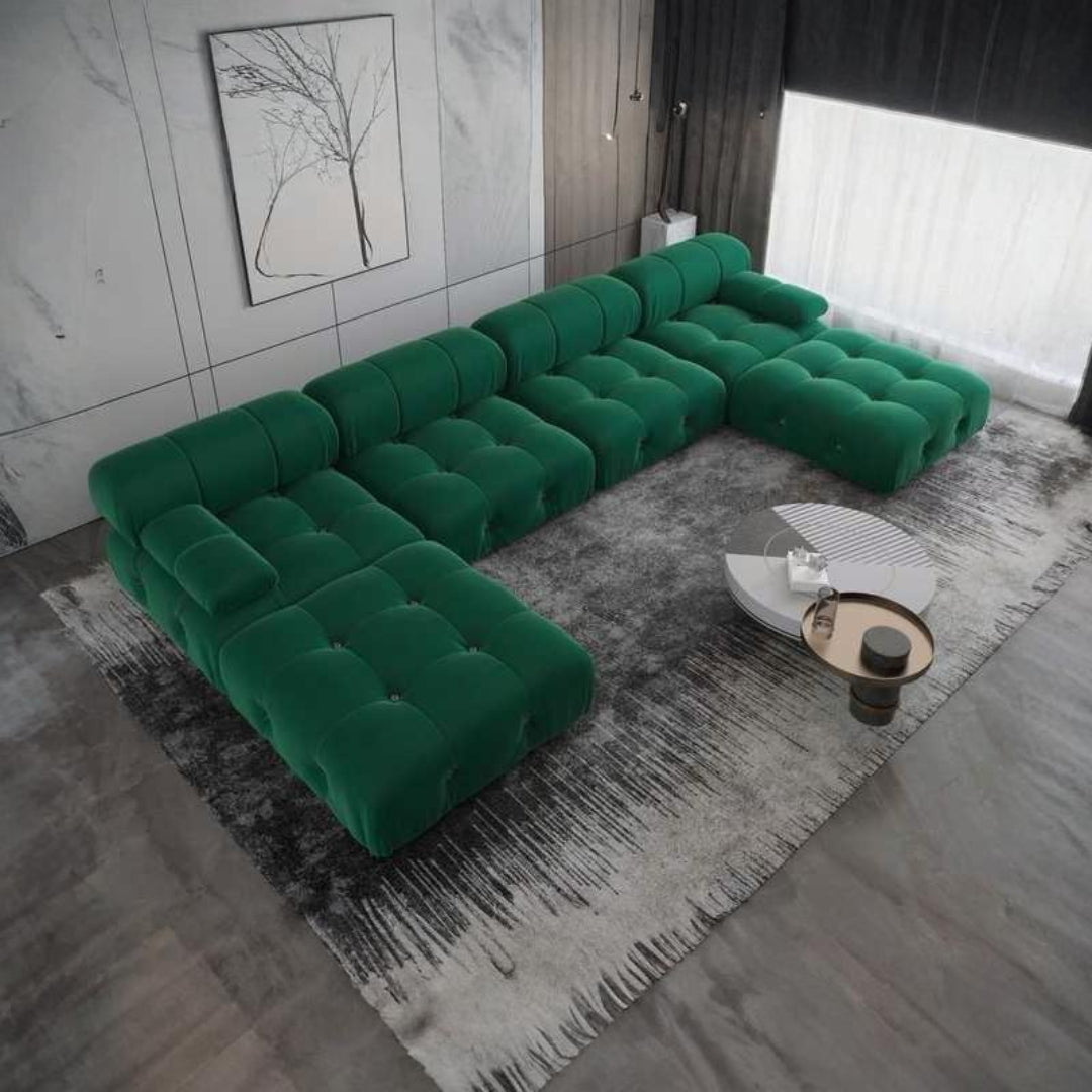 ADOUER WOOD "Luxurious Emerald Green U-Shaped Sectional Sofa with Tufted Cushions"
