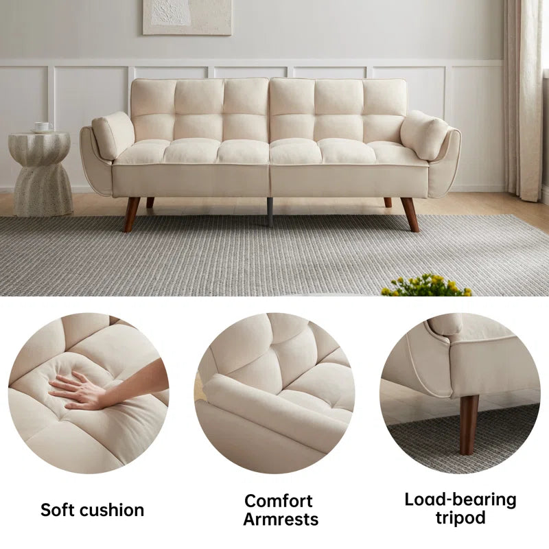 ADOUER WOOD Modern Beige Tufted 3-Seater Sofa with Wooden Legs