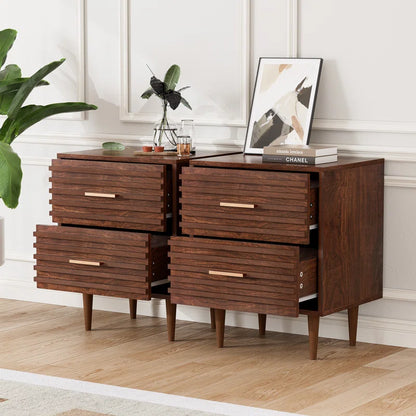 ADOUER WOOD "Set Of-2 Mid-Century Modern Wooden Bedside Table with Two Drawers"