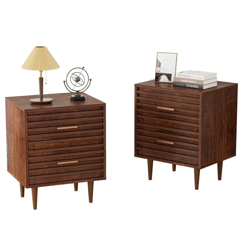 ADOUER WOOD "Set Of-2 Mid-Century Modern Wooden Bedside Table with Two Drawers"