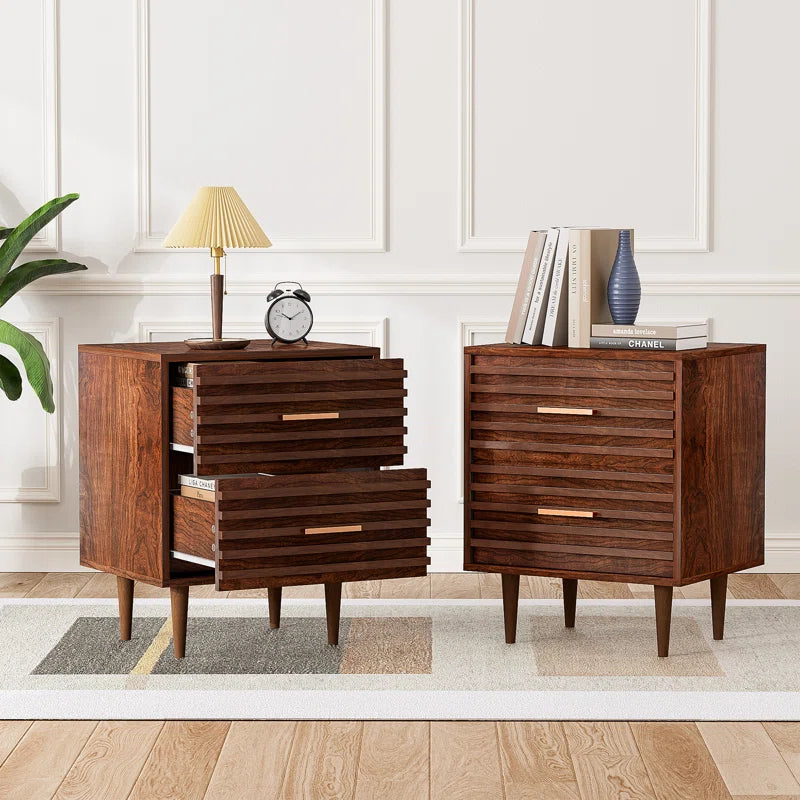 ADOUER WOOD "Set Of-2 Mid-Century Modern Wooden Bedside Table with Two Drawers"