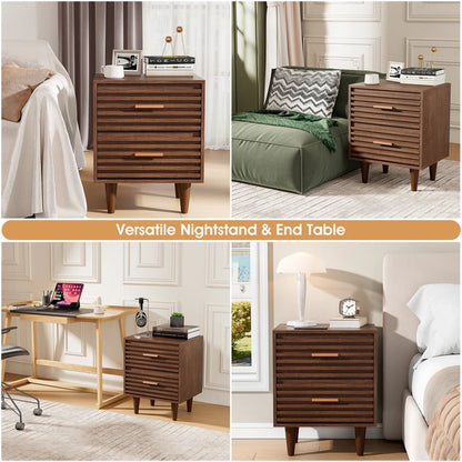 ADOUER WOOD "Set Of-2 Mid-Century Modern Wooden Bedside Table with Two Drawers"