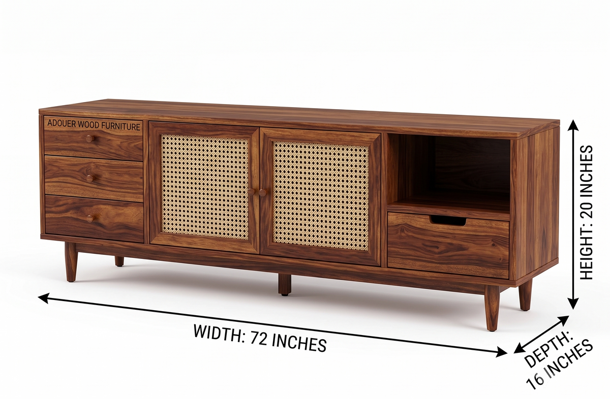 ADOUER WOOD Japandi TV Stand with Woven Rattan Doors & Multi-Drawer Storage