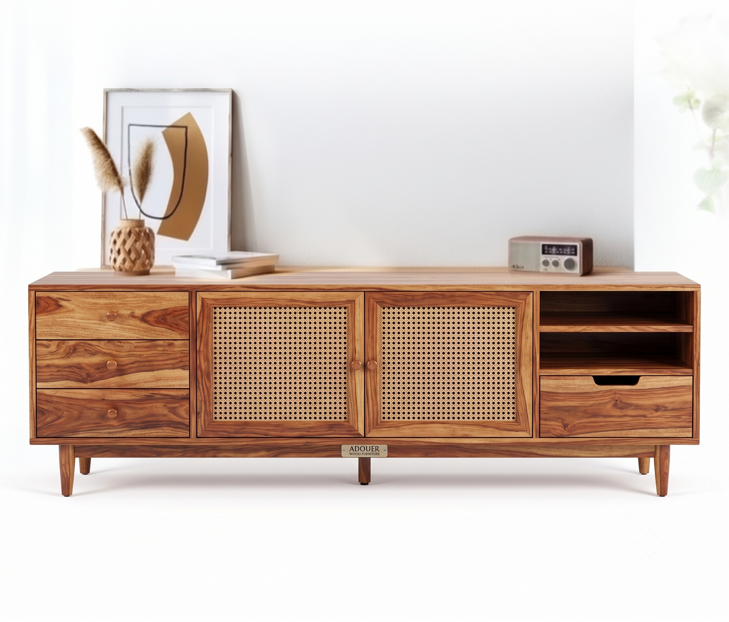 ADOUER WOOD Japandi TV Stand with Woven Rattan Doors & Multi-Drawer Storage