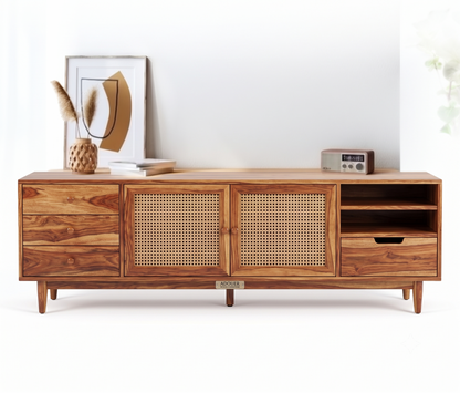 ADOUER WOOD Japandi TV Stand with Woven Rattan Doors & Multi-Drawer Storage