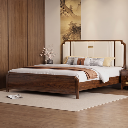 ADOUER WOOD Japandi Walnut Finish Wooden Bed Frame with Off-White Padded Headboard