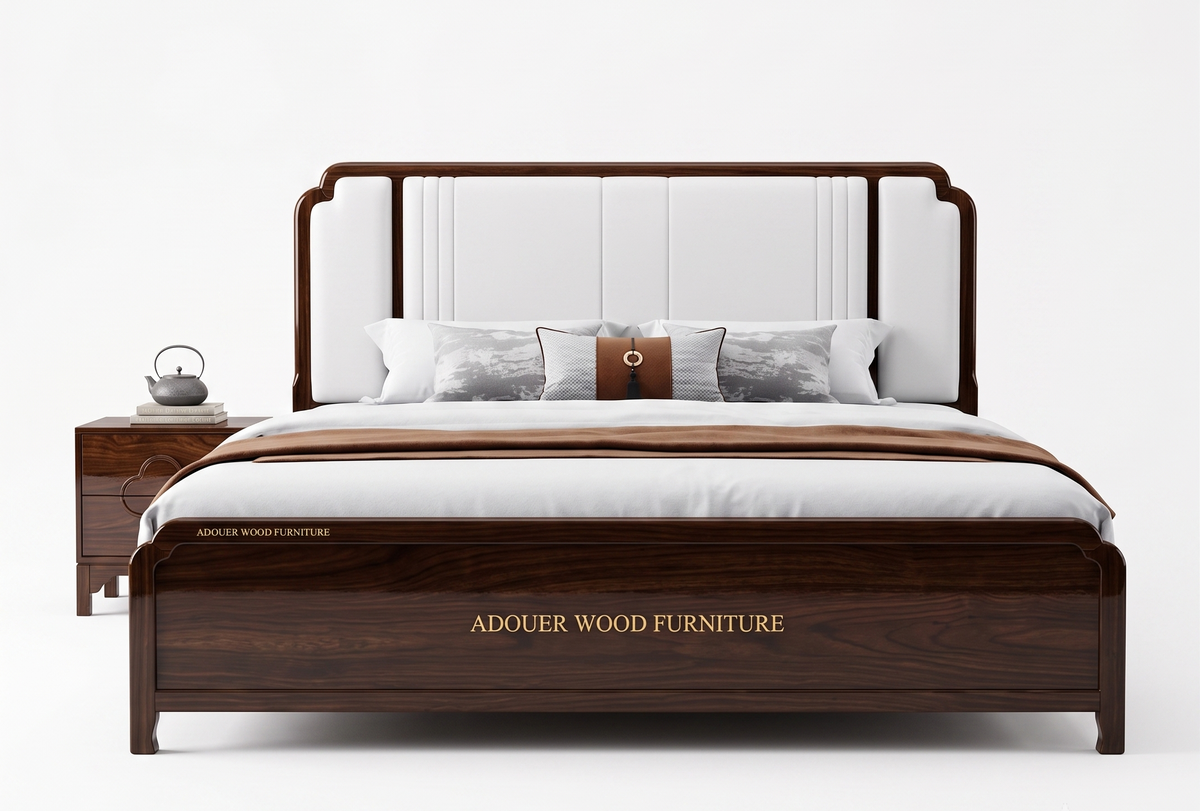 ADOUER WOOD Japandi Walnut Finish Wooden Bed Frame with Off-White Padded Headboard