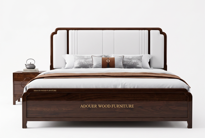 ADOUER WOOD Japandi Walnut Finish Wooden Bed Frame with Off-White Padded Headboard