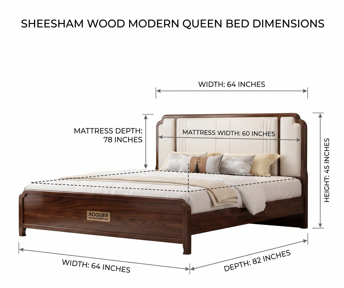 ADOUER WOOD Japandi Walnut Finish Wooden Bed Frame with Off-White Padded Headboard