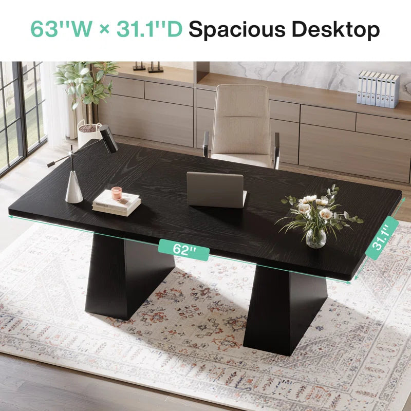 Adouer Wood "Modern Black Executive Desk with Trestle Legs – Minimalist Home Office Workspace"