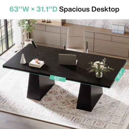 Adouer Wood "Modern Black Executive Desk with Trestle Legs – Minimalist Home Office Workspace"