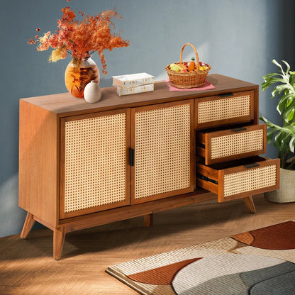 ADOUER WOOD Solid Acacia Wood Rattan Sideboard With Drawers