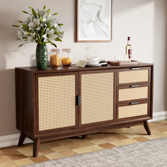 ADOUER WOOD Solid Acacia Wood Rattan Sideboard With Drawers