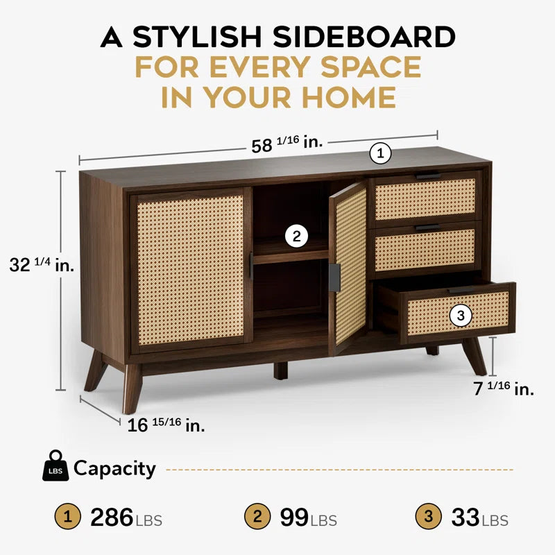 ADOUER WOOD Solid Acacia Wood Rattan Sideboard With Drawers