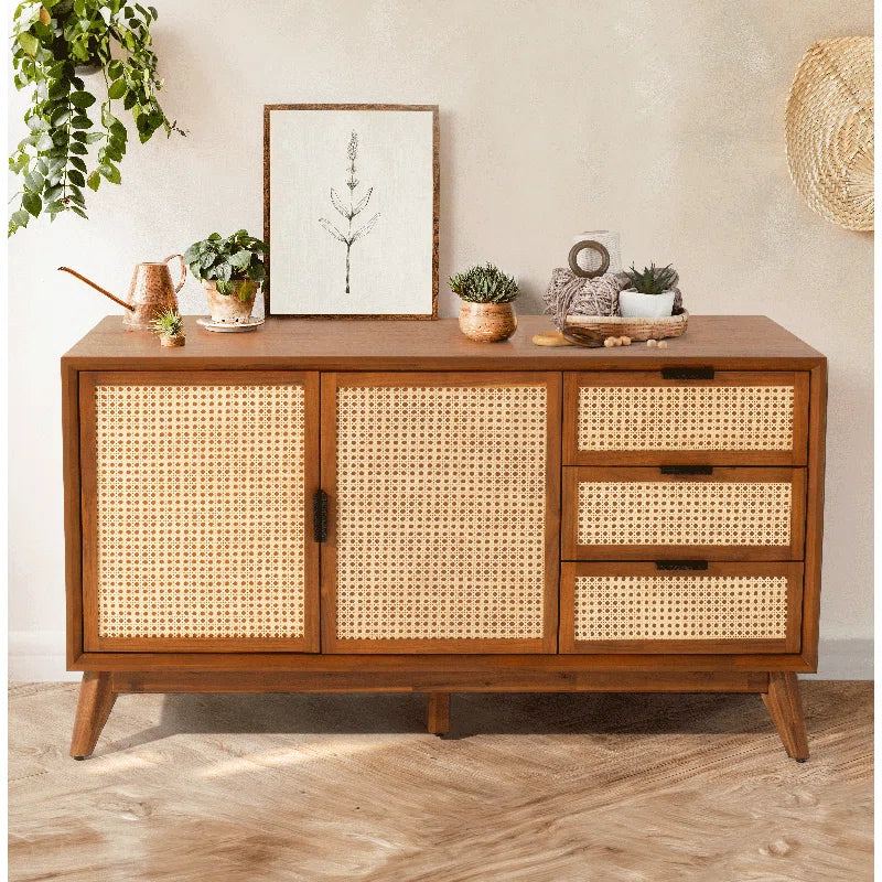 ADOUER WOOD Solid Acacia Wood Rattan Sideboard With Drawers
