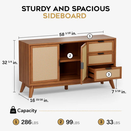 ADOUER WOOD Solid Acacia Wood Rattan Sideboard With Drawers