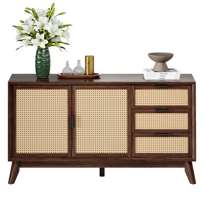 ADOUER WOOD Solid Acacia Wood Rattan Sideboard With Drawers