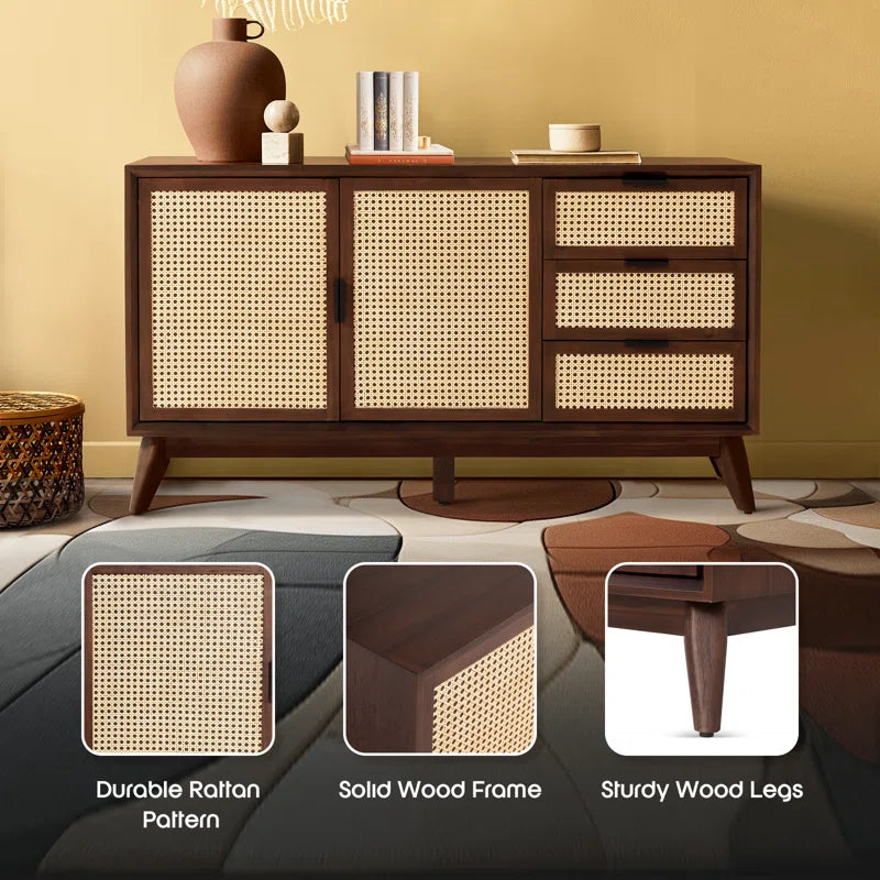 ADOUER WOOD Solid Acacia Wood Rattan Sideboard With Drawers