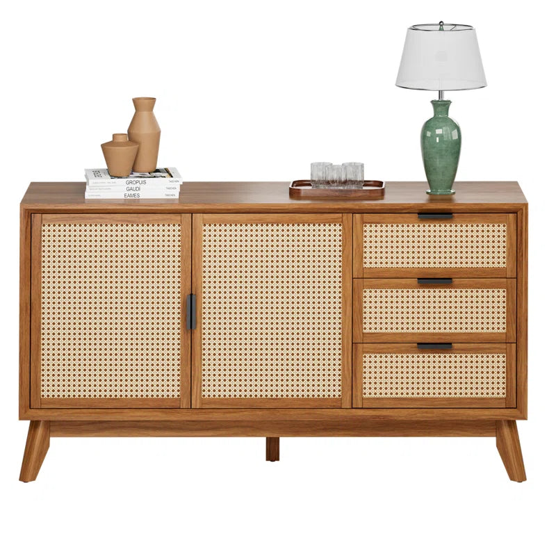 ADOUER WOOD Solid Acacia Wood Rattan Sideboard With Drawers