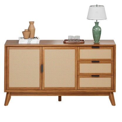 ADOUER WOOD Solid Acacia Wood Rattan Sideboard With Drawers