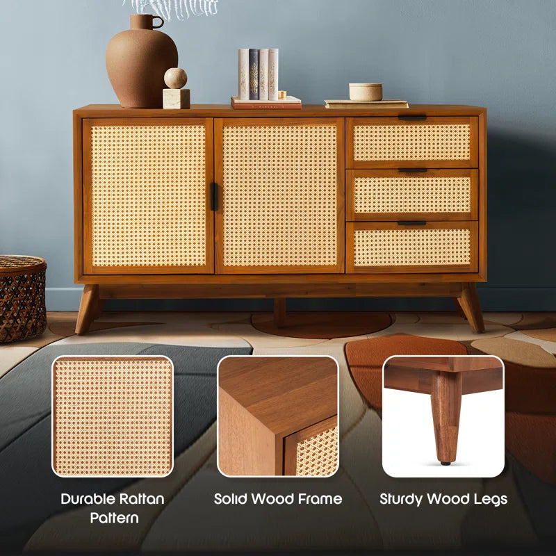 ADOUER WOOD Solid Acacia Wood Rattan Sideboard With Drawers