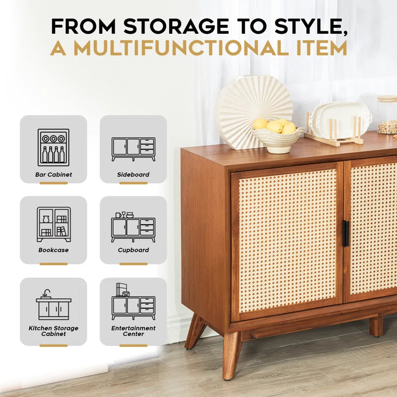 ADOUER WOOD Solid Acacia Wood Rattan Sideboard With Drawers