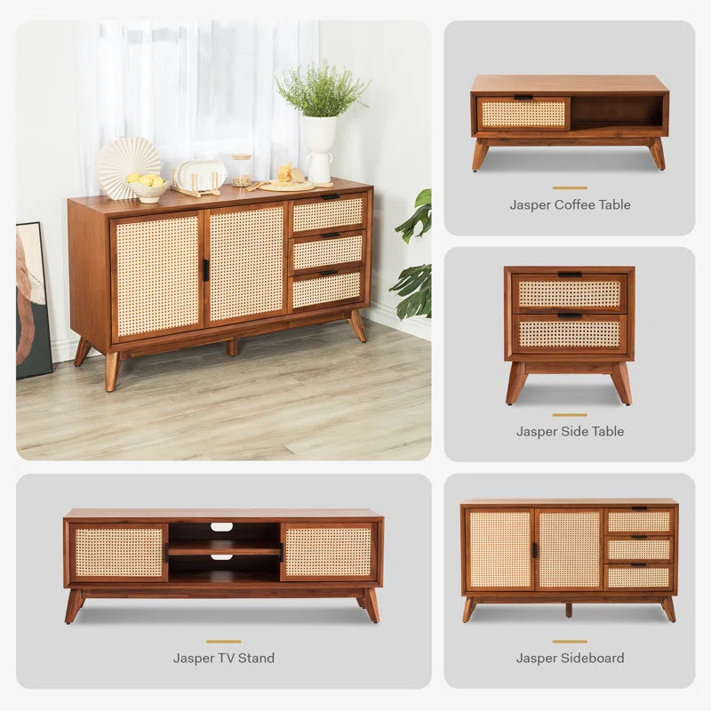 ADOUER WOOD Solid Acacia Wood Rattan Sideboard With Drawers