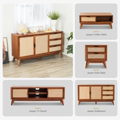 ADOUER WOOD Solid Acacia Wood Rattan Sideboard With Drawers