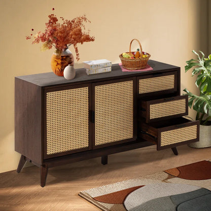 ADOUER WOOD Solid Acacia Wood Rattan Sideboard With Drawers