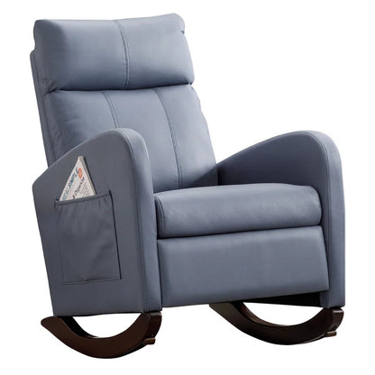 ADOUER WOOD Solid Wood Frame Light Blue Leatherette Rocking Chair For Home & Office