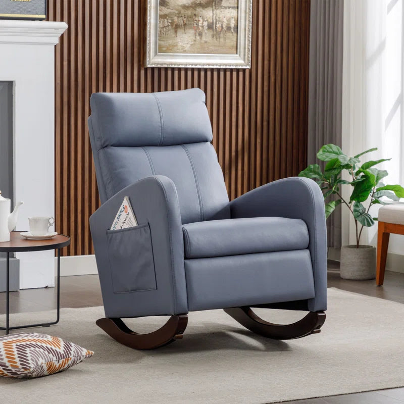 ADOUER WOOD Solid Wood Frame Light Blue Leatherette Rocking Chair For Home & Office