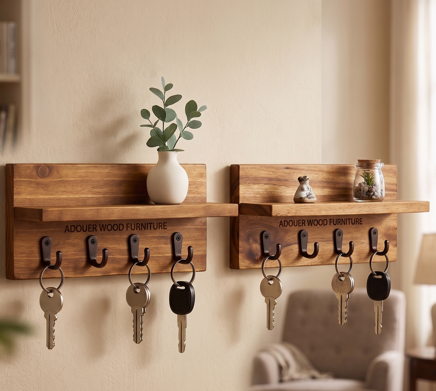 ADOUER WOOD Wall-Mounted Key Holder Entryway Organizer ( Set Of 2 Pcs )